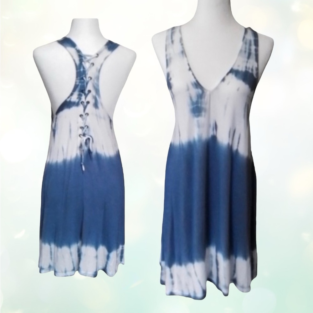Ocean Drive Women's Boho Blue & White Tie Dye Sundress With A Laced Up Back